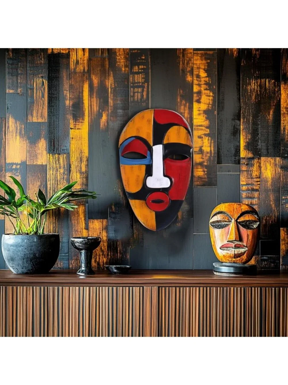 Abstract African Masks Wall Decor - Resin Tribal Art for Living Room, Office
